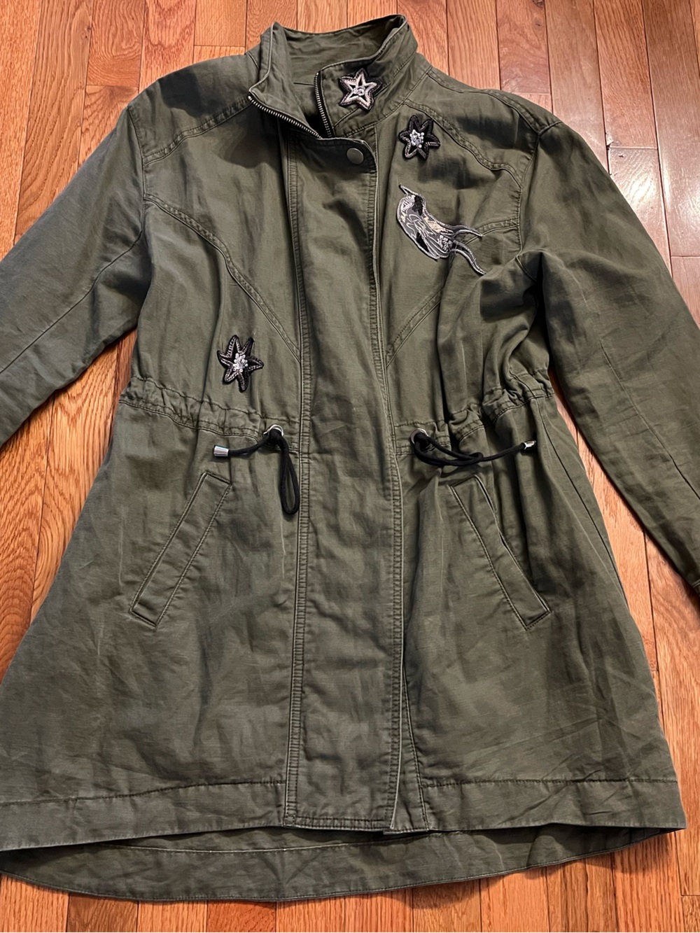 CAbi Olive Green Utility Jacket fits S-L flapped zipper drawstring long length